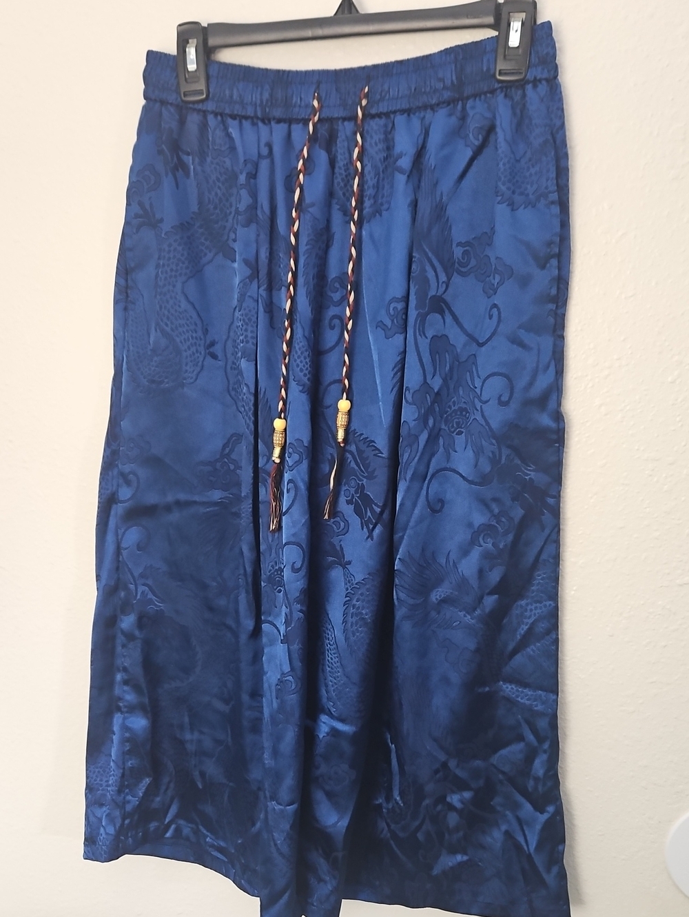 Vintage Satin Dragon Jacquard Wide Leg Pants Navy Blue Tassel Drawstring Medium